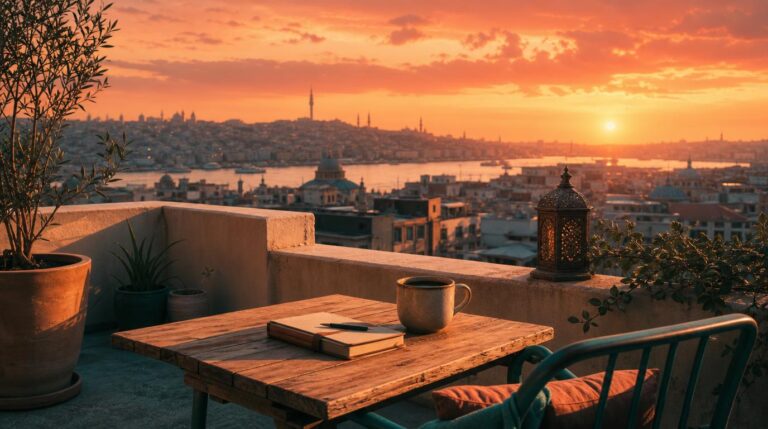 A rooftop workspace at golden-hour sunset, small table with a notebook and a cup of coffee, warm sand