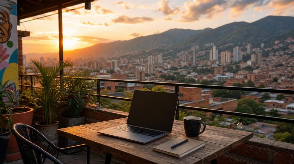 A rooftop workspace in Medellín at golden hour, a laptop open on a small table, city skyline