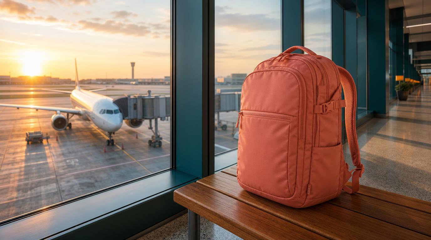 A single coral-toned travel backpack resting upright on a wooden bench beside a floor-to-ceiling airport gate window