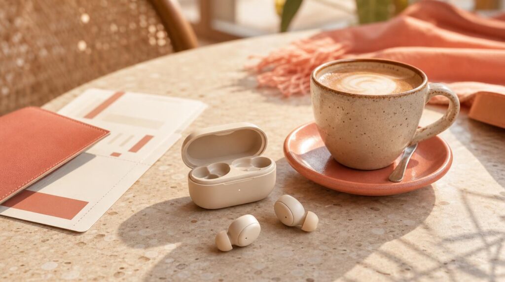 A small wireless earbud case and earbuds resting on a cafe table beside a boarding pass and a cup of coffee,