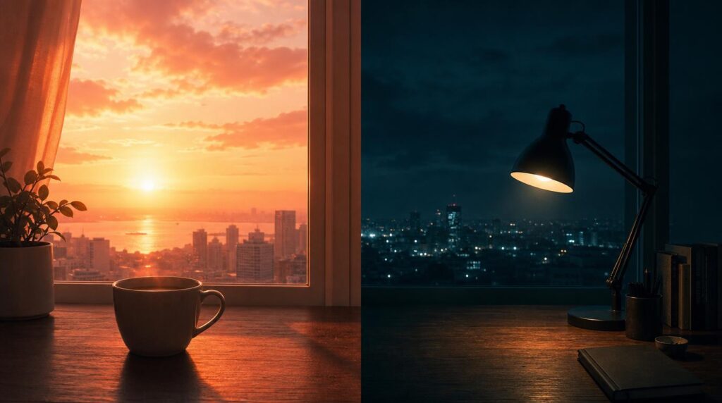A split composition, one half in warm coral sunrise light with a coffee cup, the other half in deep teal night