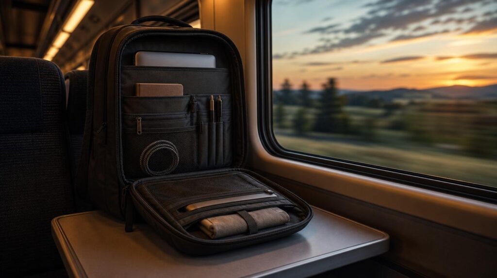 A structured, dark-toned backpack open to show organized internal pockets, sitting on a train