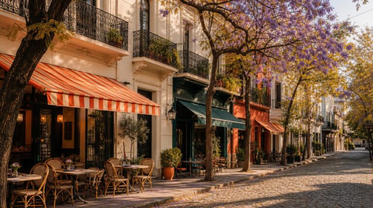 A sunlit Palermo Soho street scene in early fall, cobblestones and low mid-rise buildings with wrought-iron balconies,