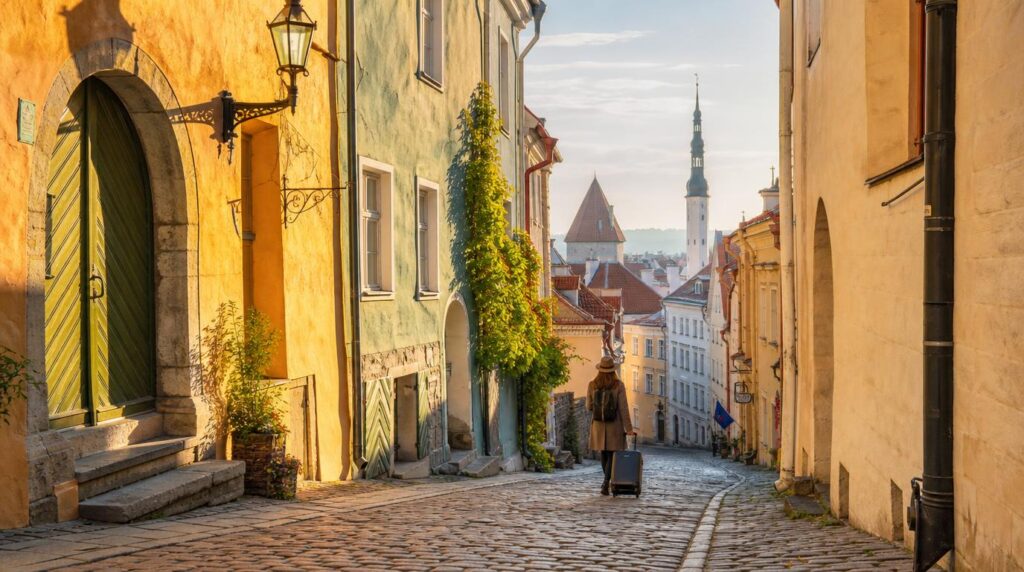 A sunlit cobblestone street in Tallinn's Old Town, colorful medieval building facades in warm ochre
