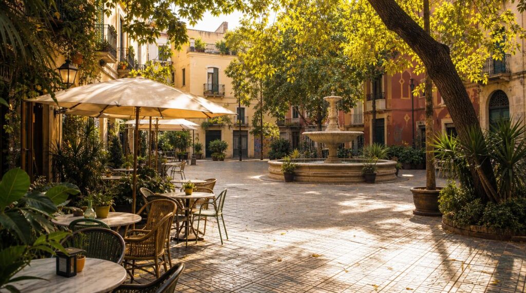 A sunlit plaza in Gràcia, café tables and umbrellas, tiled pavement, a fountain in the middle distance