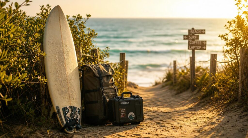 A surfboard leaning against a backpack and a weatherproof camera case on a sunlit beach path, golden yellow late-afternoon light,