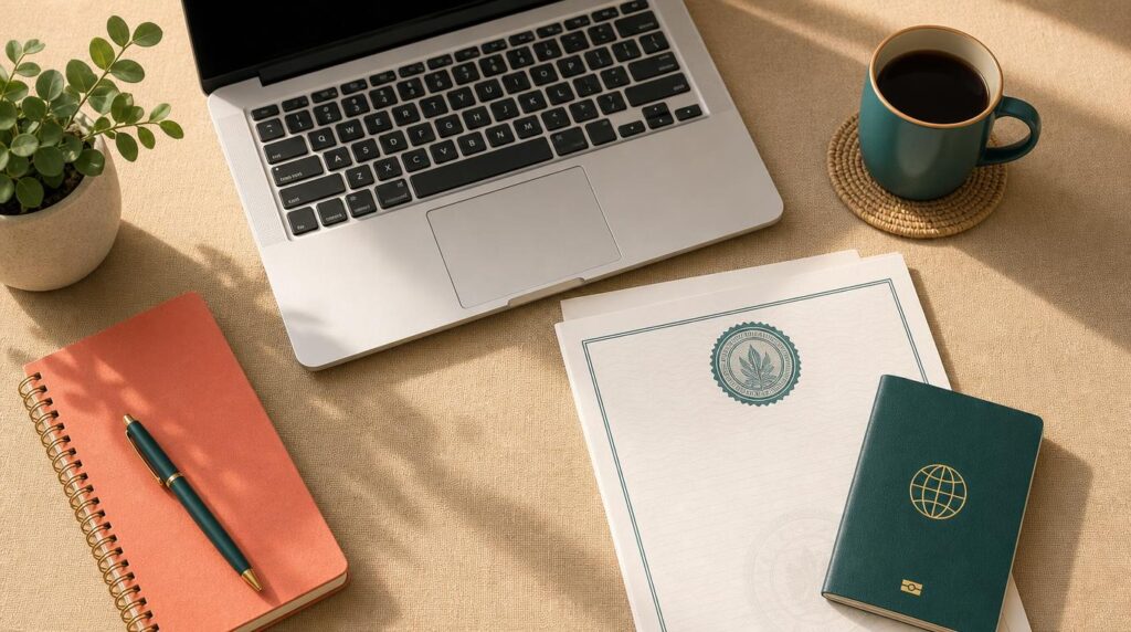 A tidy desk scene from above, showing a laptop, a printed document with a visible official-looking seal (no legible text), a passport, and a cup of coffee