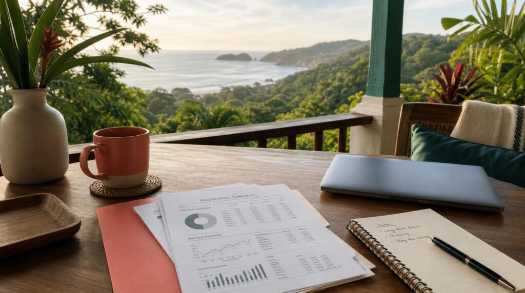 A tidy desk scene with investment statements and a laptop closed to the side, positioned on a covered veranda