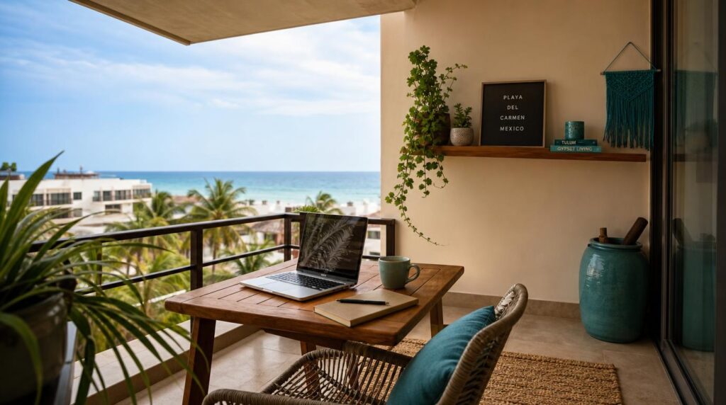 A tidy home office corner on a covered balcony in a modern Playa del Carmen apartment, laptop and coffee