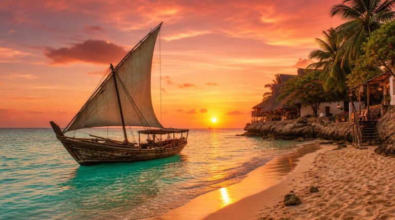 A traditional wooden dhow boat arriving on a turquoise Zanzibar shoreline in late afternoon light, warm golden sun low