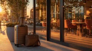 A traveler's rolling suitcase and laptop bag parked beside the glass entrance of a modern coworking space at golden hour,