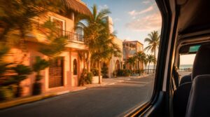 A view from a colectivo van window rolling along a Playa del Carmen street at golden hour, palm trees and low pastel buildings