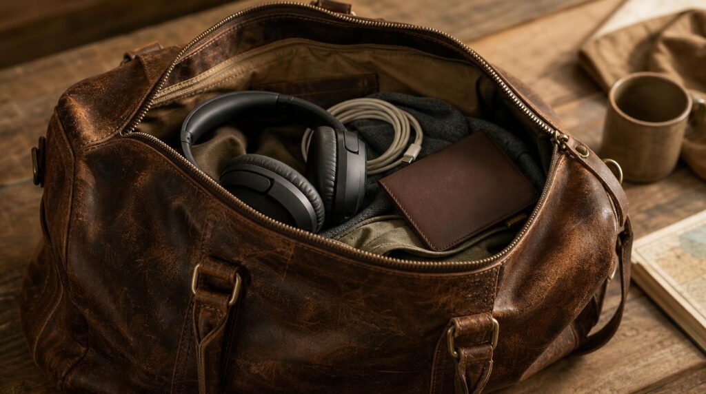 A well-worn leather travel duffel open on a wooden table, over-ear headphones and a coiled charging cable