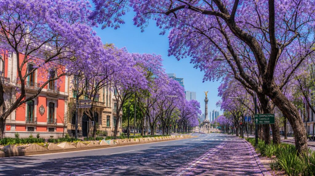 A wide Mexico City boulevard in full jacaranda bloom, purple canopy against a clear blue sky, sunlight