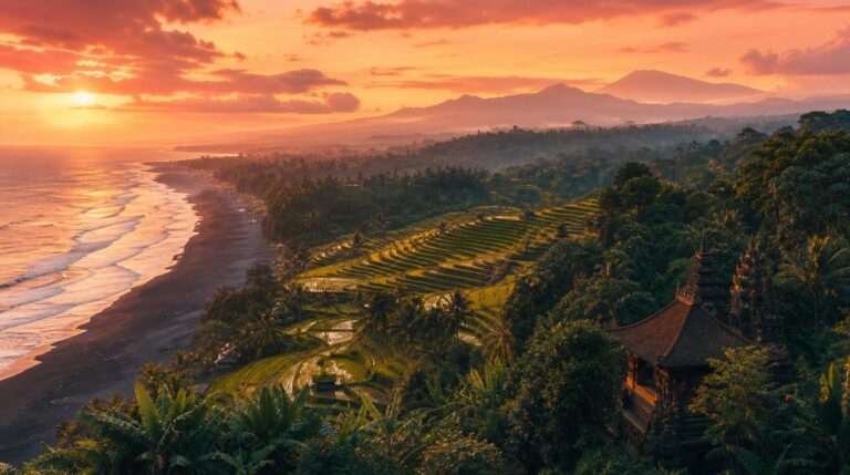 A wide elevated view over Bali at golden hour