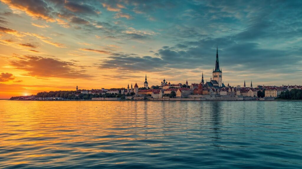 A wide shot of the Tallinn coastline at dusk, the Baltic Sea meeting the old town skyline, soft