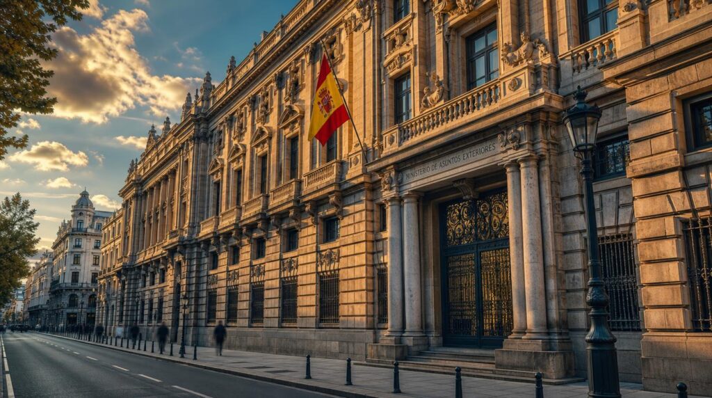 A wide street-level shot of an elegant government-building facade in a Spanish city, warm late-afternoon light