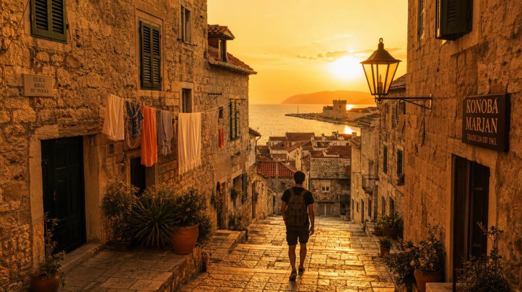 A wide street scene in a Croatian coastal old town, like Split or Zadar, stone alleyways