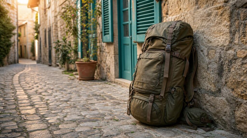 A worn but well-kept 40-liter travel backpack leaning against a stone wall on a narrow cobblestone street