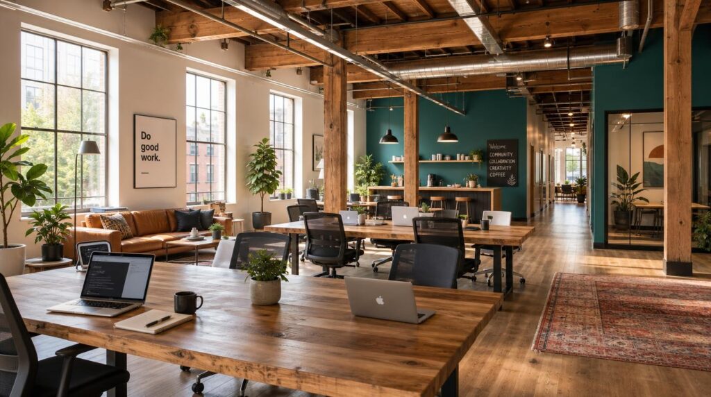 An airy coworking space interior with exposed beams, communal wooden desks,