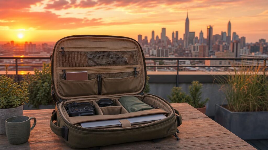 An open travel backpack on a rooftop balcony table, camera and laptop edges visible inside organized compartments