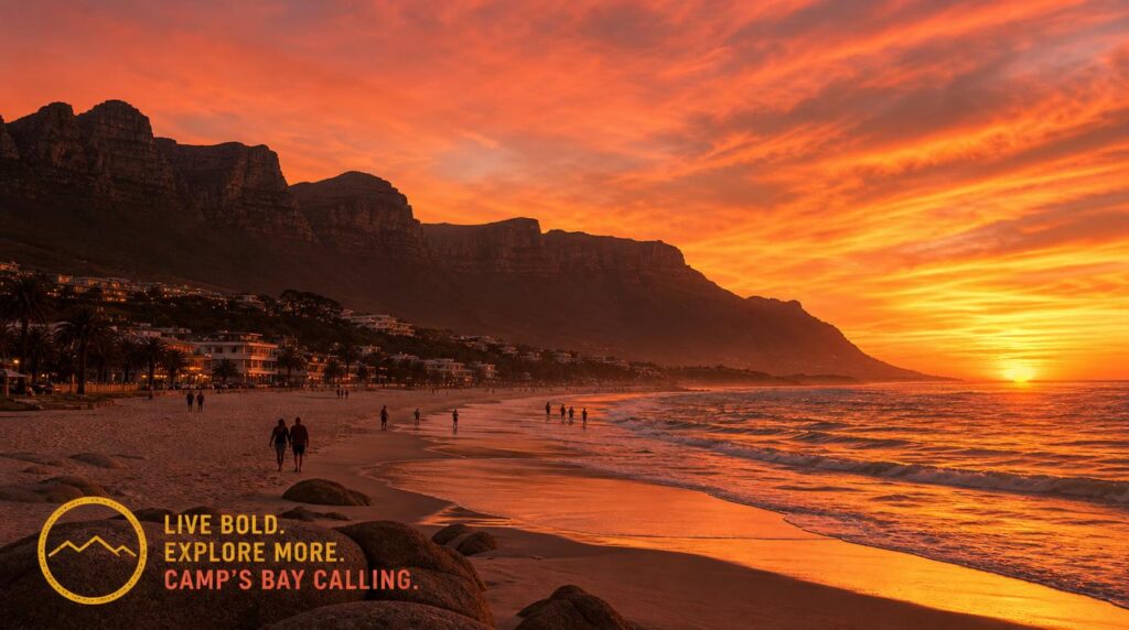 Camps Bay beach at sunset, dramatic orange and coral sky over the Atlantic, mountain silhouette in the background,