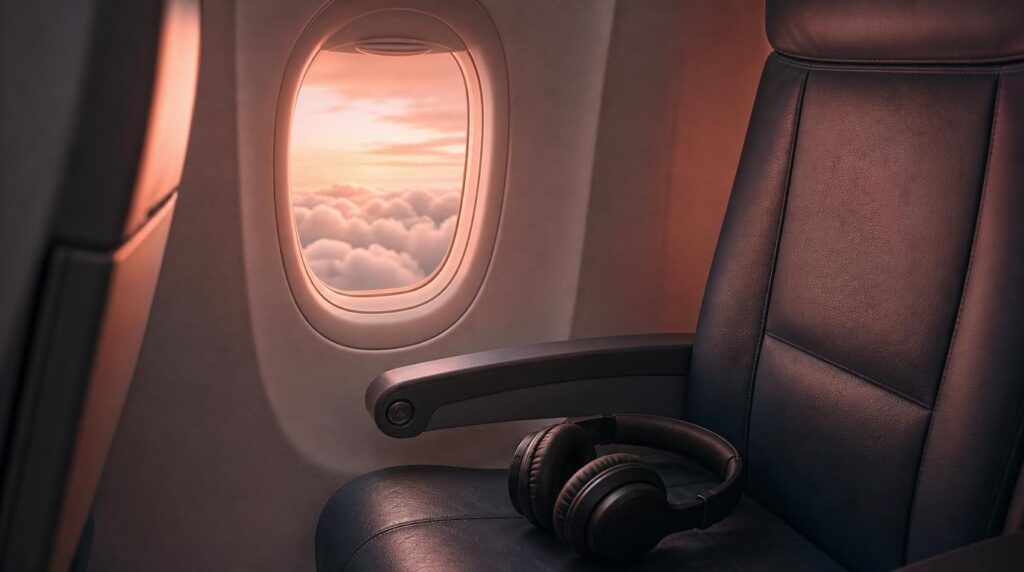 Close interior shot of an airplane window seat with headphones resting on the empty seat, soft cloudscape