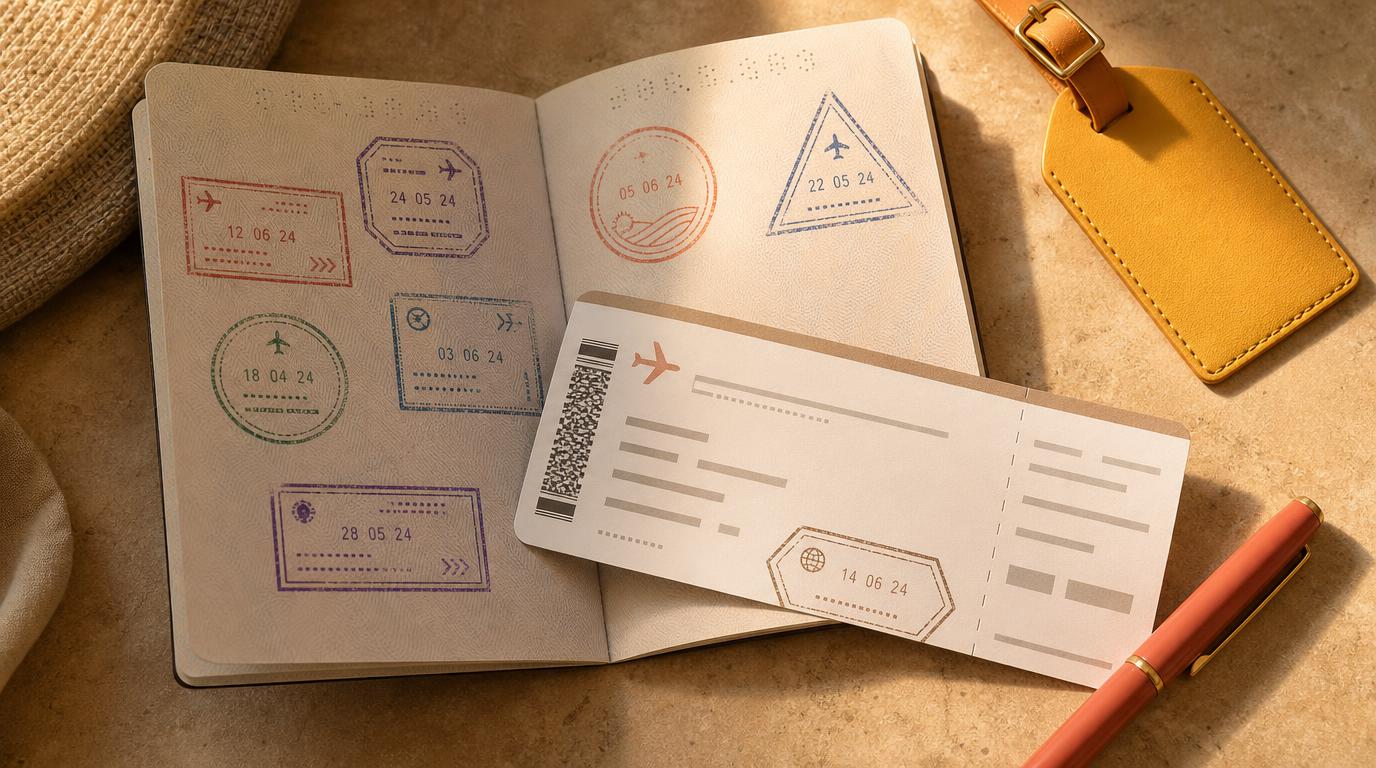 Close overhead shot of an open passport with visa stamps and a boarding pass resting across the page, warm late-afternoon light