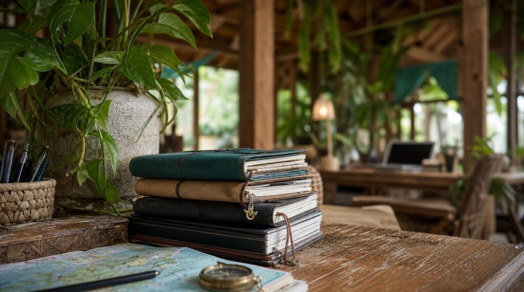 Close, textural detail shot of a jungle-style coworking interior, wooden beams, hanging