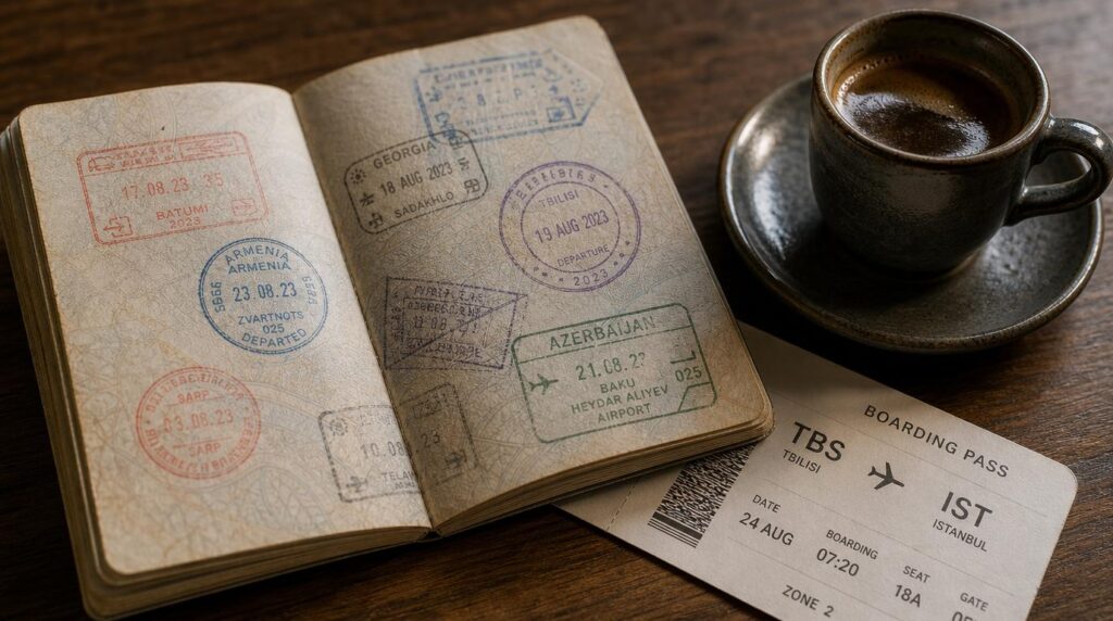 Close, textural detail shot of a well-worn passport open to a page of colorful entry stamps,
