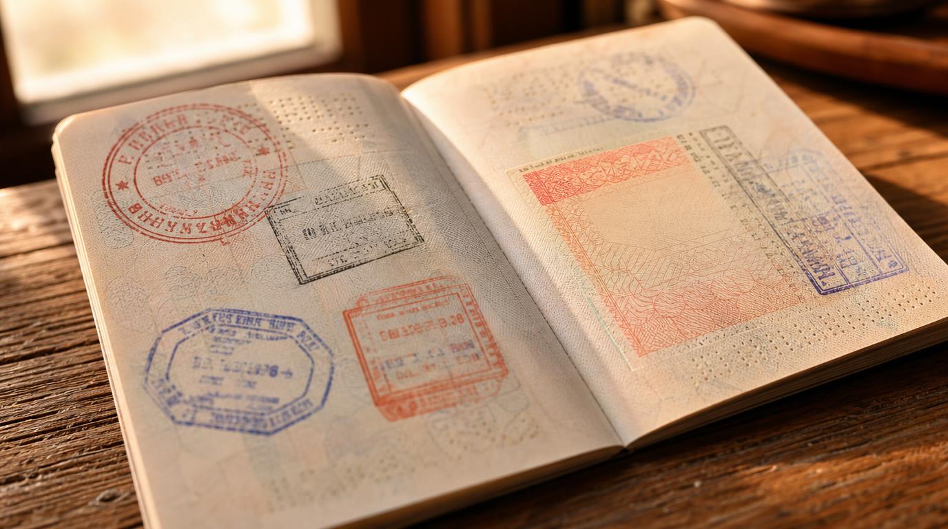 Close, textural macro shot of an open passport page filled with colorful visa stamps and a visa sticker