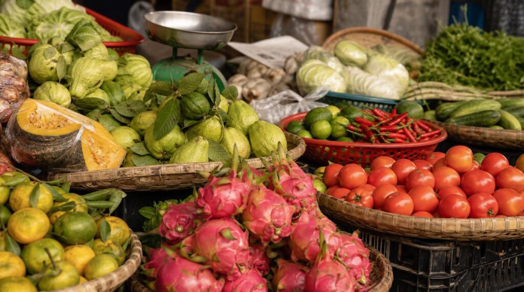 Close, textural shot of a local Vietnamese market stall in Da Nang, fresh produce and fruit arranged in baskets, morning light