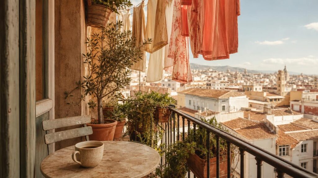 Close, textural shot of a sunlit apartment balcony over Malaga rooftops, potted plants and hanging laundry