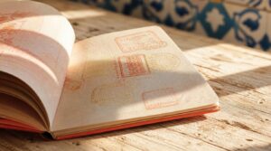 Close, textural shot of an open passport resting on a weathered wooden table