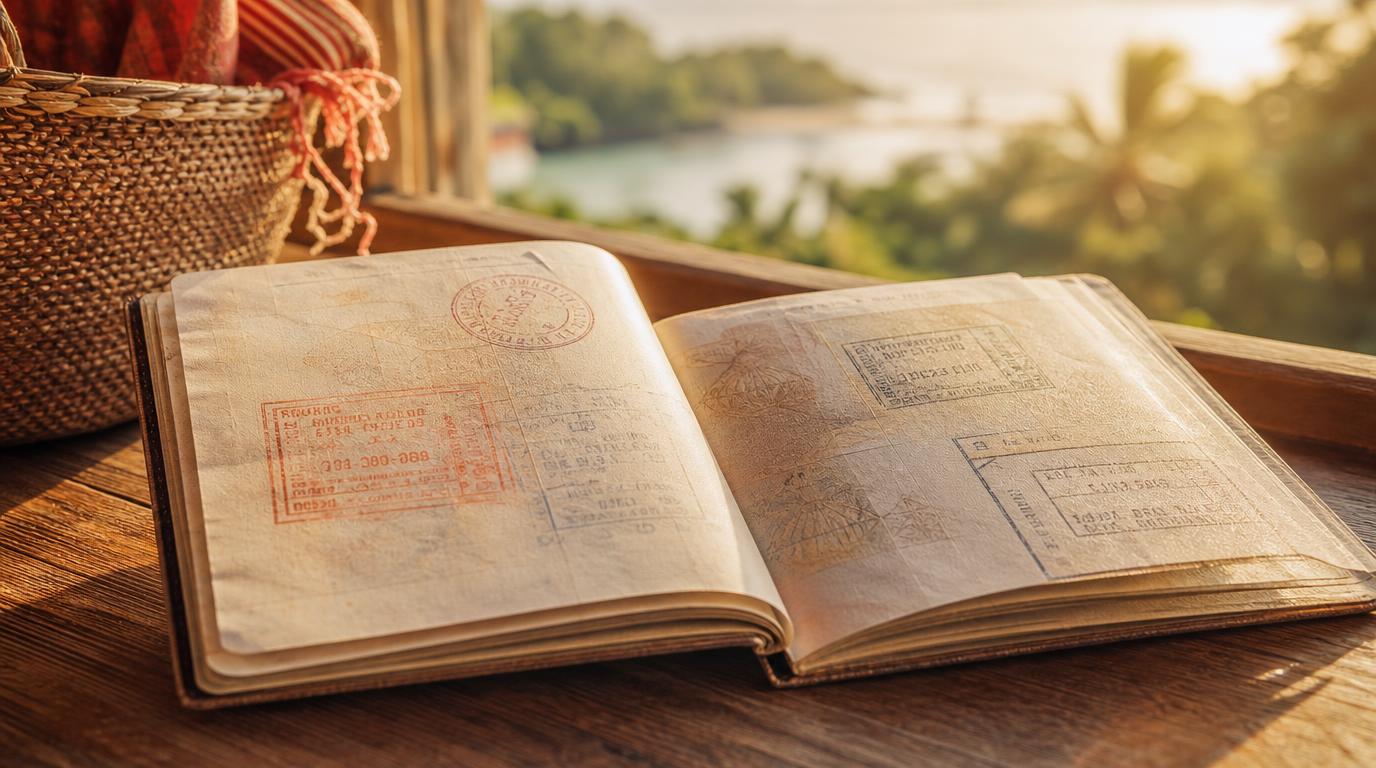 Close, textural shot of an open passport resting on a wooden table, visa stamps and pages visible, soft golden late-afternoon