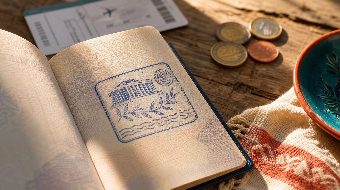 Close-up detail shot of an open passport resting on a weathered wooden table, a Greek entry visa stamp visible
