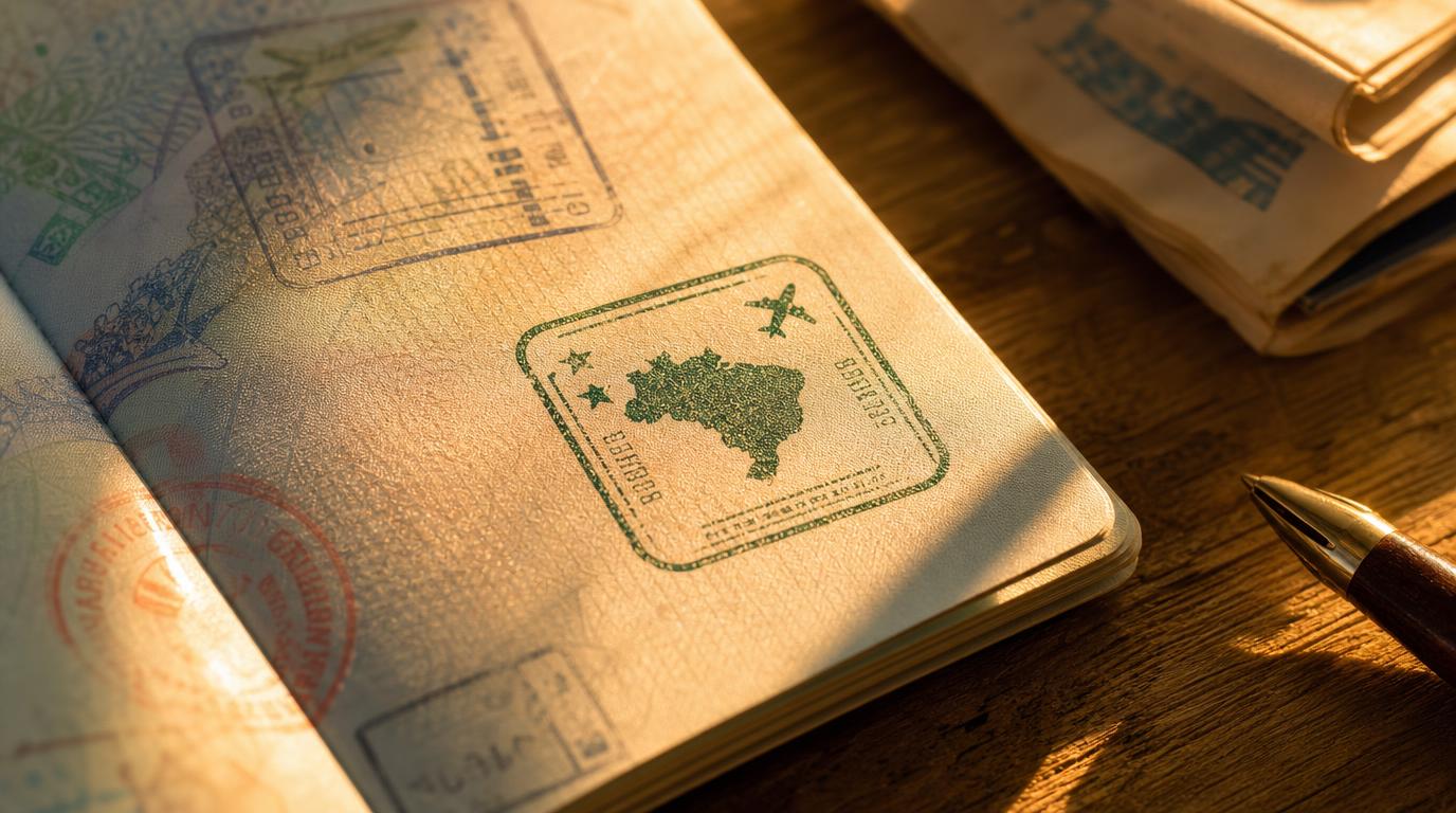 Close-up detail shot of an open passport resting on a wooden table, a Brazilian entry stamp visible on the page,
