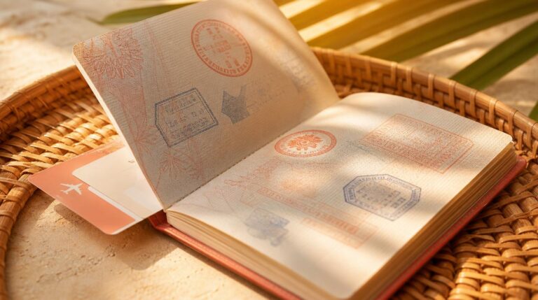 Close-up detail shot of an open passport resting on a woven rattan tray, a page showing visa stamps and a boarding pass