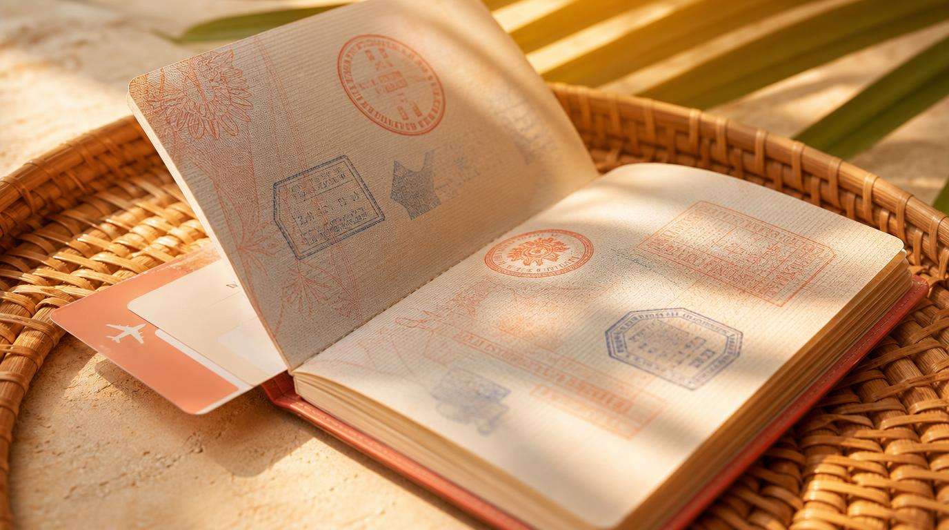 Close-up detail shot of an open passport resting on a woven rattan tray, a page showing visa stamps and a boarding pass