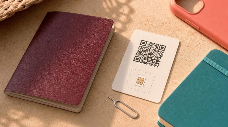 Close-up flat-lay of a passport, an eSIM QR activation card, and a small SIM ejector tool arranged on a warm sand-colored