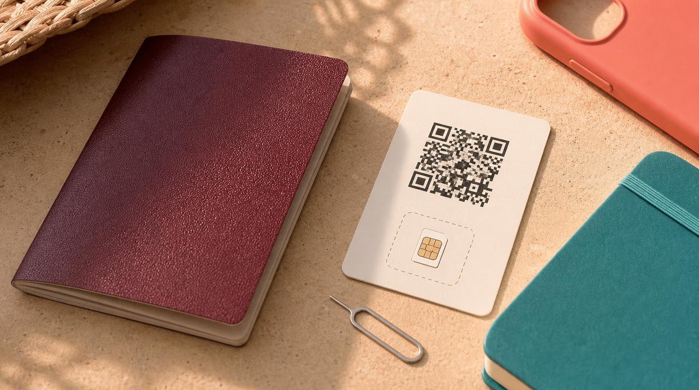 Close-up flat-lay of a passport, an eSIM QR activation card, and a small SIM ejector tool arranged on a warm sand-colored