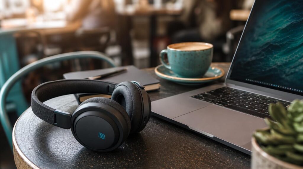 Close-up of a wireless headset resting beside an open laptop on a small round cafe table, blurred cafe activity in the background,