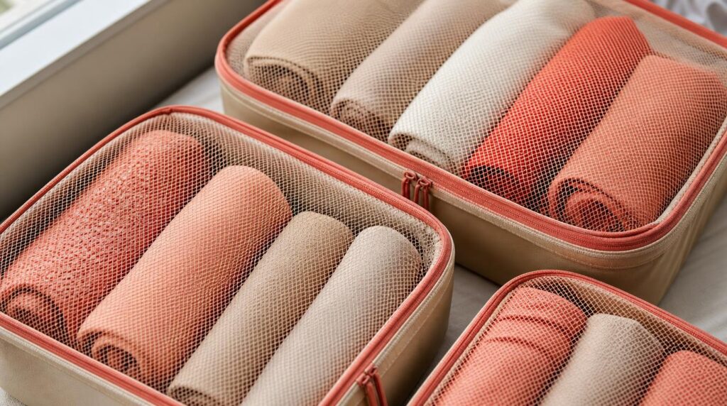 Close-up of neatly rolled clothing organized inside mesh-top packing cubes,