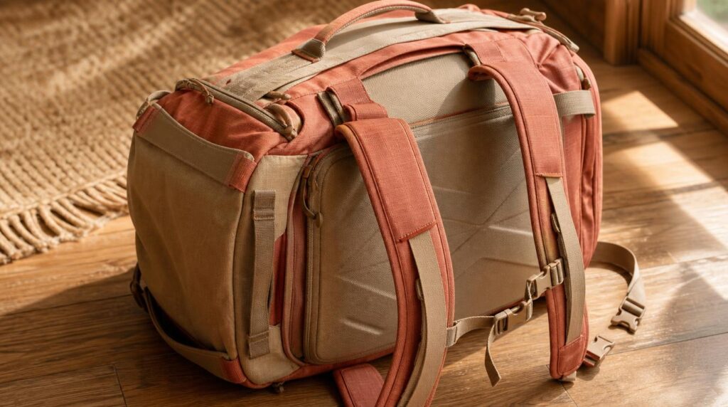 Close-up texture shot of a travel backpack mid-transition between duffel and backpack straps