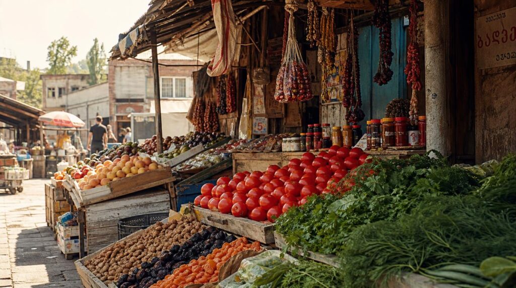 Dezerter Bazaar-style open-air market scene in Tbilisi, wooden stalls piled with tomatoes, herbs