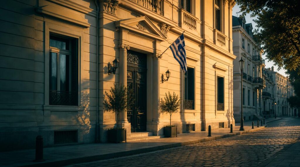 Exterior street scene of a quiet Greek consulate building in a European city, neoclassical architecture, a small Greek flag visible