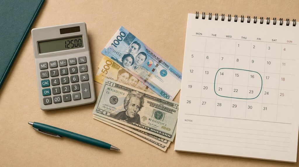 Flat-lay of a calculator, a small stack of peso and dollar bills, and a calendar page with a cluster of dates circled