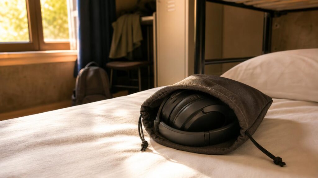Folded budget over-ear headphones in a simple travel pouch on a hostel bunk bed,