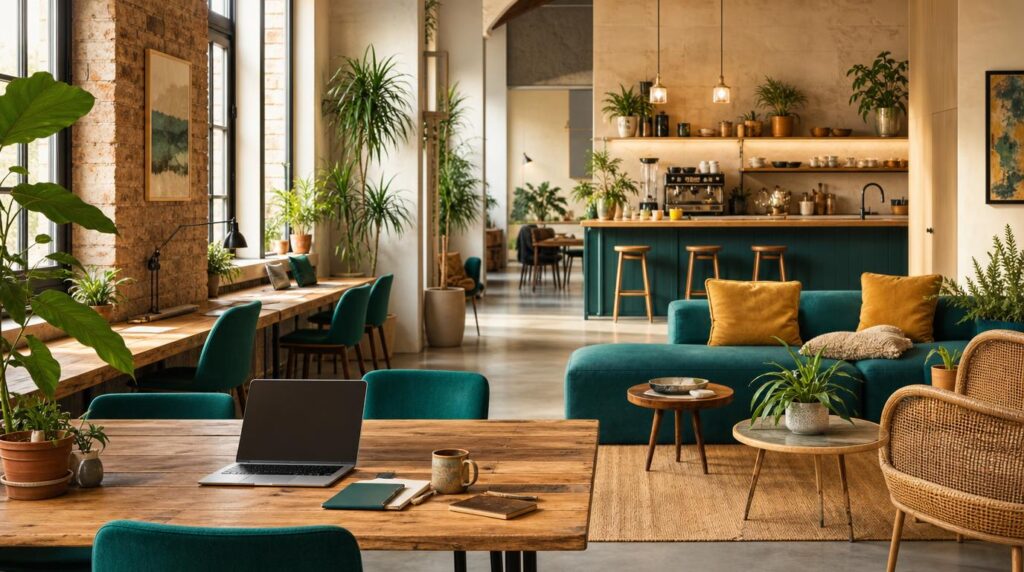 Interior of a bright, plant-filled coworking space in Palermo, exposed brick wall, wooden desks, large windows