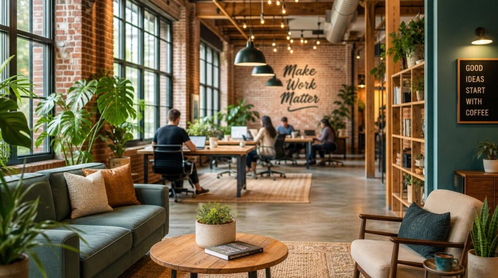 Interior of a bright, plant-filled coworking space with exposed brick, floor-to-ceiling windows, and mixed wood furniture, a few blurred figures